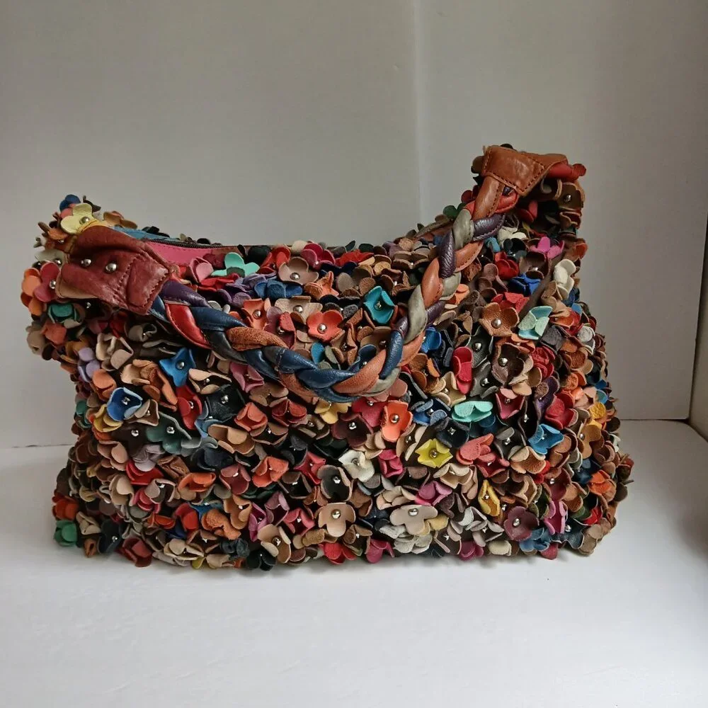 Vintage 3D Leather Flowers Hobo Bag * Super Roomy ~ Autumn Color Pop!